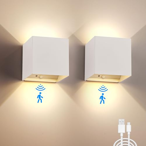 KwatTsz 2Pcs Motion Sensor Wall Lights, LED Up Down Wall Lamp, Modern Indoor Outdoor Dimmable Wall Lamp, 6000mAh Rechargeable Battery Wall Sconces for Fence, Yard, Bedroom, Hallway, Corridor, Stair