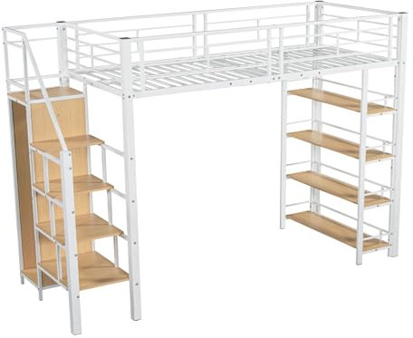 SogesPower Weißes Hochbett 90x200 cm mit multifunktionalem Stauraum, Kinderbett aus stabilem Metall Sicherheitsleiter mit rutschfesten Stufen, hohem Zaundesign