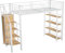 SogesPower Weißes Hochbett 90x200 cm mit multifunktionalem Stauraum, Kinderbett aus stabilem Metall Sicherheitsleiter mit rutschfesten Stufen, hohem Zaundesign