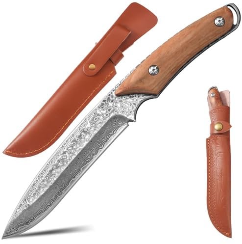 xiaotianlai Couteau chasse damas couteau à dépecer lame damascène Bushcraft Camping Survival couteau avec boucle de ceinture