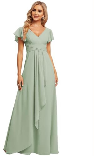 JAEDEN Damen Brautjungfernkleider V-Ausschnitt Chiffon Abendkleid mit Ärmel Formelle Hochzeit Party Kleid Salbeigrün 42