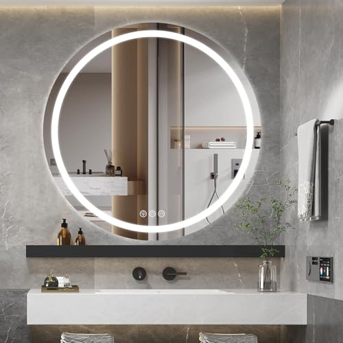 Ratsamee Runder Spiegel mit Beleuchtung, 80cm Badezimmerspiegel mit Beleuchtung, Wandspiegel mit Frontbeleuchtung, Antibeschlagfunktion, Dimmbar, mit 3 Einstellbaren Lichtfarben