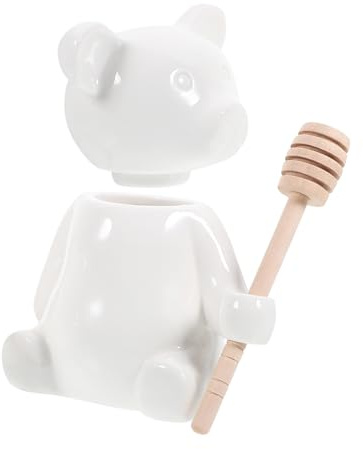 MUELODSIC Ceramic Honey Jar with Dipper Stick Bear Shape White Ceramic Honey Pot for Kitchen Table Use with Wooden Spoon