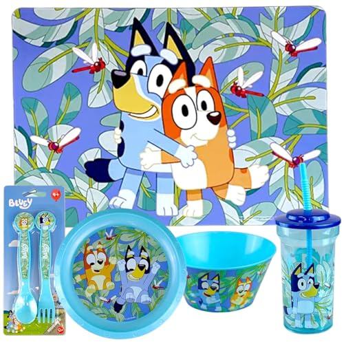 6PC Kids Dinner Tableware Set- Placemat, Plate, Bowl, 460ml Tumbler, Cutlery Set Dinning Set for Kids - Reusable (Bluey)