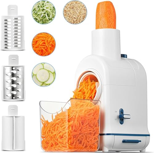 Electric Cheese Grater & Vegetable Slicer - AOBOSI 3-in-1 Kitchen Grater with Large Chute for Whole Carrot, Potato, Built-in Storage Container & 3 Blades