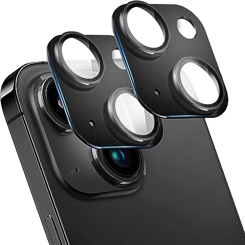 2 Pezzi Protezione Lente Fotocamera per iPhone 15/15 Plus, Copertura Posteriore in Vetro Temperato AR in Metallo, Anti-Graffio, Forte Adesione, Compatibile con Custodie, Facile da Installare-Nero