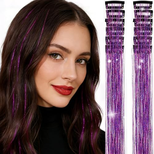 12 Pezzi Extension Capelli Glitter Clip Viola, Kit Accessori per Capelli con Tinsel e Glitter per Feste, Festival e Eventi Speciali, per Donne, Ragazze e Bambine