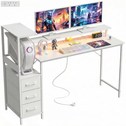 HOMCOM 147 cm Gaming Desk with Adjustable Reversible CPU Stand RGB White | Computer Table, Computer Desk, RGB Lights, Power Outlets, USB & USB-C Ports, Monitor Stand, 3 Fabric Drawers