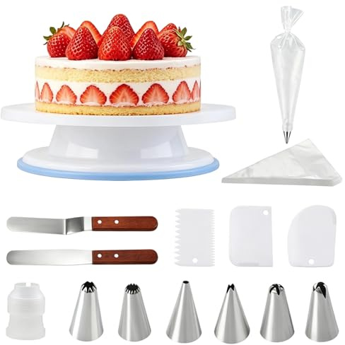 Cake Turntable, 11 Inch Cake Decorating Kit with Non-Slip Base 7 Icing Tips