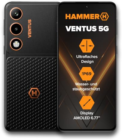 HAMMER VENTUS 5G Outdoor Smartphone 8GB+256GB, Android 16, 6.77 Inch 120Hz AMOLED Display, 108MP AI Camera, 32MP Selfie Camera, MediaTek Dimensity 7100, 5000mAh Battery, 45W Fast Charging, IP69, MIL-S