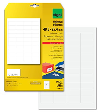 SIGEL LA106 Mini-Etiketten selbstklebend, bedruckbar, weiß, 48,5 x 25,4 mm, z.B. Preisauszeichnung, 1000 Etiketten = 25 Blatt