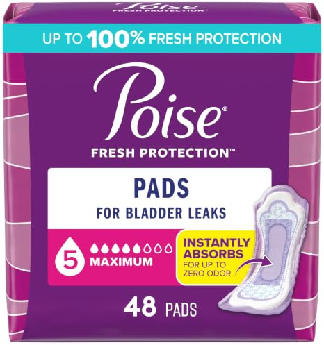 Poise Incontinence & Postpartum Pads for Bladder Leaks, 5 Drop Maximum Absorbency, Regular Length, 48 Count, Packaging May Vary