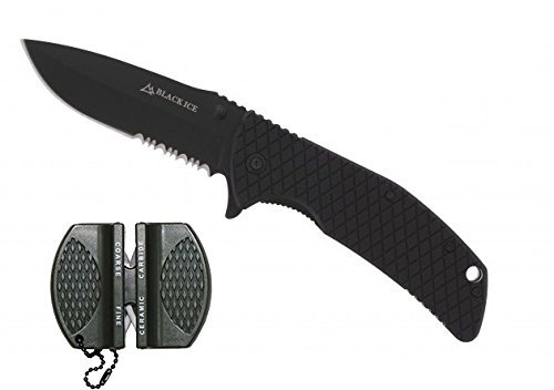 G8DS Set: Black Ice Einhandmesser Outback mit partiellem Wellenschliff 7966 Messerschärfer