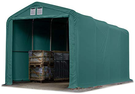 TOOLPORT Lagerzelt 4x8 m Zelthalle Unterstand / 3,35m Seitenhöhe feuersichere PRIMEtex PVC Plane 2300 N dunkelgrün