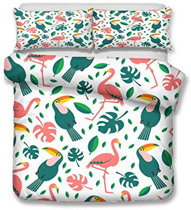 Stillshine. Bettwäsche Trendiger Flamingo Tropische Tukan Vogel Blume Grünes Blatt Bettwäsche-Set 3 Stück, 1 Bettbezug 150x200 cm + 1 Kissenbezug 80x80 cm + Bettlaken 180x220 cm