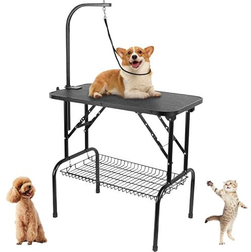 GRANDMA SHARK Dog Grooming Table, 32'' Foldable Pet Grooming Table with Adjustable Fixed Arm and Mesh Storage Basket Maximum Capacity 100KG (Single Tether)