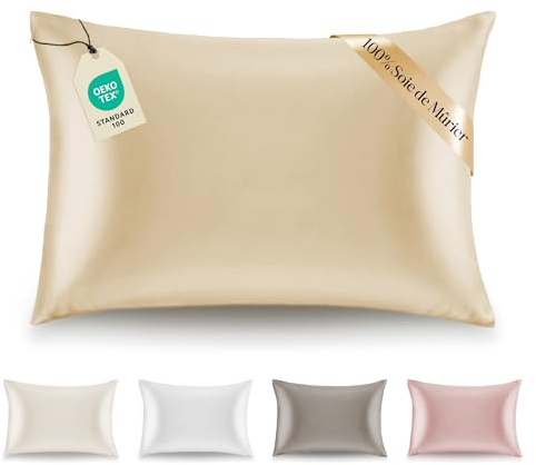 Dreamzie Taie Oreiller Soie Naturelle 50x75 100% Soie Mûrier 19 Mommes Certifiée Oeko-TEX - Bienfaits Cheveux et Peau Anti-Âge - Taupe