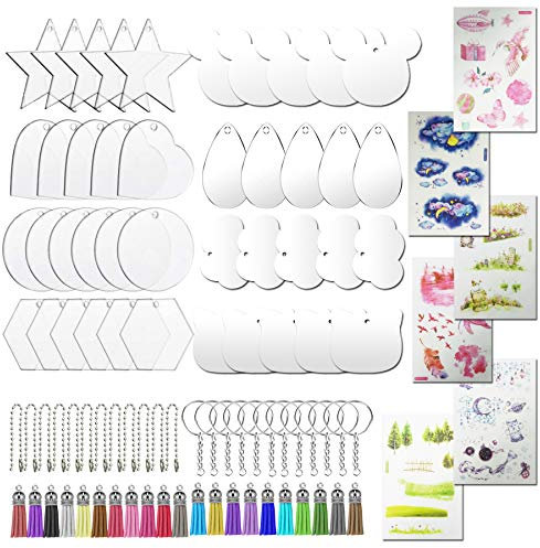 Allazone 106 Stück Acryl Transparente Kreis, 8 Gestalten Scheiben Klare Acrylscheiben Runde Schlüsselb, 20 Stück Schlüsselbund, 20 Stück Mini Quasten, 20 Stück Kugelkette und Aufkleber für DIY