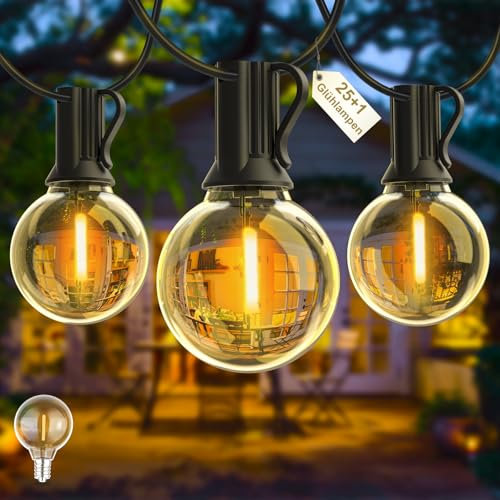 Yuusei Lichterkette Außen, 15M LED Lichterkette Glühbirnen Auße 25 Birnen mit 1 Ersatzbirnen Warmweiß, IP45 Wasserdichte G40 Lichterkette Innen Aussenbeleuchtung für Garten, Balkon, Hochzeit, Terrasse