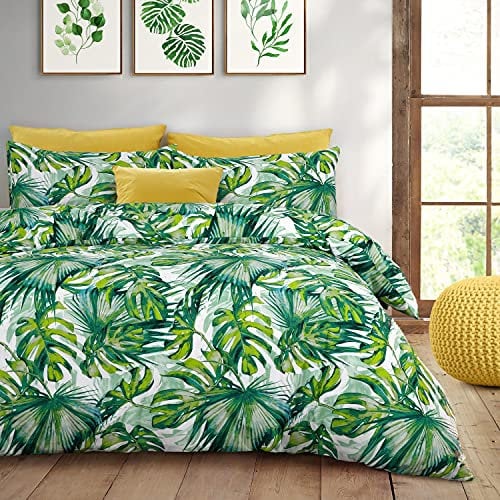 Velosso Tropical Palm Leaves Floral Easycare Bedding Set with Pillowcases (Green, Double)