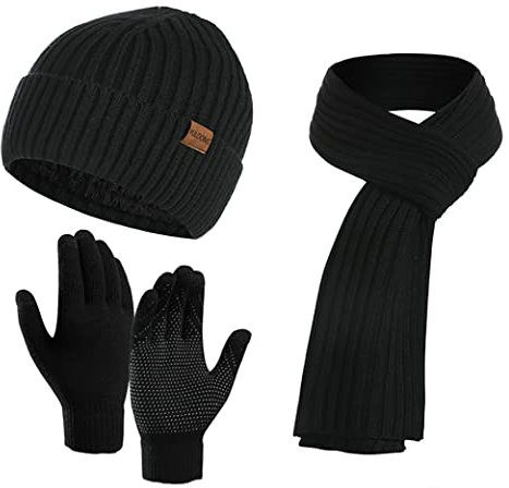 YULOONG Winter Beanie Mütze Schal Touchscreen Fahrhandschuhe für Herren Damen Rippstrick 3 in 1 Set Schwarz