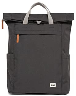 ROKA London Finchley A Medium Recycled Canvas (Ash) | Roll top backpack with spacious storage, padded laptop sleeve, side bottle pockets, secret pocket and adjustable straps