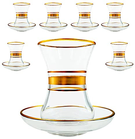 BAYKUL Vintage handgemachte türkische Teegläser Tassen und Untertassen Set von 6, 12 Stück für Party Erwachsene mit Griff Gold Fancy Kettles Teekannen Servieren Trinken Geschenk Tablett Küche