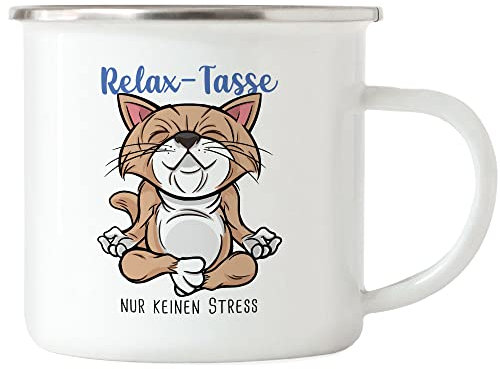 Hey!Print Relax nur keinen Stress Emaille Tasse Meditation Lustig Spruch Ironie Katze Geschenk-Idee Bürokollegen Chillen Yoga