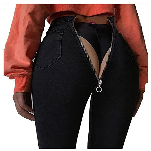 Bsdsl Jeans mit Reißverschluss hinten für Damen Skinny Denim Pants Stretch Jeggings Slim Hose mit hoher Taille (Color : Black, Size : M)