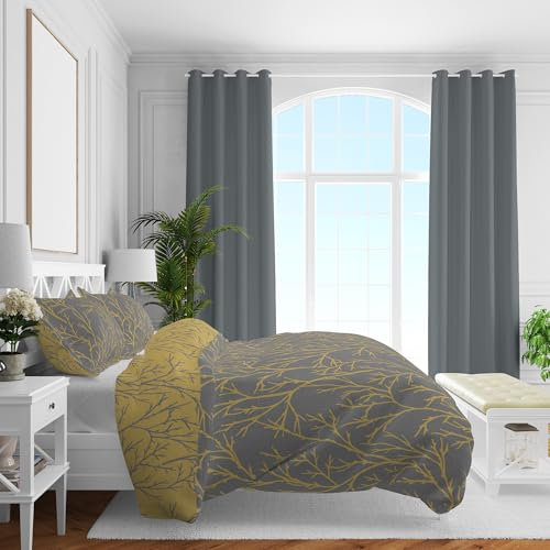 Brielle Mako Satin Bettwäsche Set - Wendebettwäsche - 100% Baumwolle/Fadenzahl 220 - seidig weich, luxuriös, mit Reißverschluss - Gelb- Grau, 2-teilig - Deckenbezug 135x200cm, Kissenbezug 80x80cm