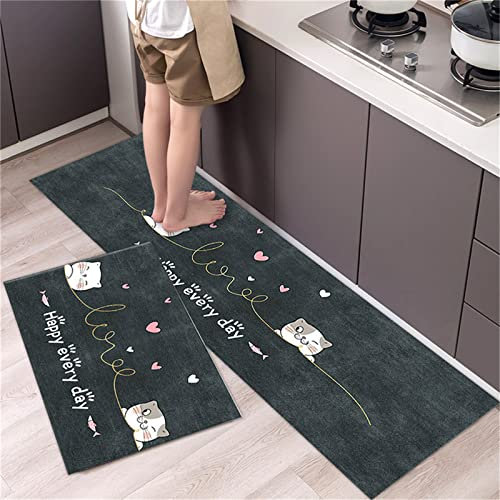 2 Pezzi Tappeti Cucina Antiscivolo Tappetini da Cucina Lavabile in Lavatrice Tappetino da Cucina Anti-fatica Tappeto Cucina Passatoia Cucina per Cucina,Corridoio,Casa(Gatto grigio,44x75cm+44x150cm)