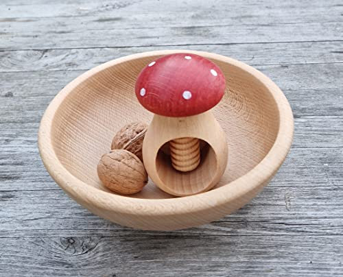 Tigana Nussknacker Fliegenpilz Design, Nussbrecher + Holzschale Ø 180 mm aus massivem Buchenholz (Rot)
