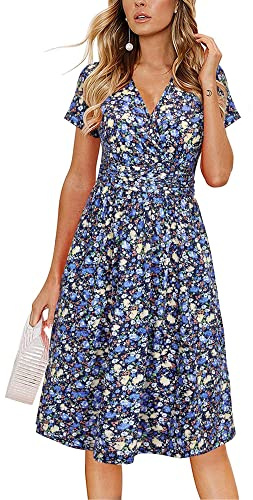 OUGES Kleid Damen Kurzarm/Langarm Sommer Herbstkleid V-Ausschnitt Casual Midi Freizeitkleid mit Taschen
