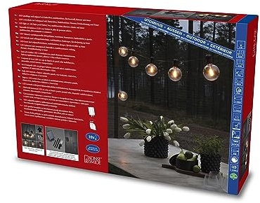 Konstsmide LED Solar Biergartenkette, fernbedienbar, 10 bernsteinfarbene Dioden, Außen, schwarzes Kabel, 2 x Lithium-Akku / 1 x CR2025 (inkl.) - 2337-800SP
