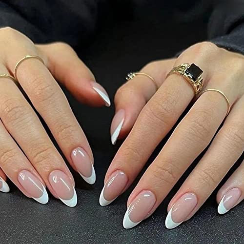 Natuce Lot de 24 Faux Ongles French, Press on Nails Élégants, Adhesif Faux Ongles à Coller avec Colle Pour Femme et Fille, Nail Art DIY ou Nail Salon (Rond)