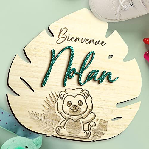 Carte bienvenue bébé feuille monstera en bois, texte & prénom personnalisable, panneau pour la séance photo de naissance, thème jungle, idée cadeau, baby, baptême, décoration champêtre, souvenir
