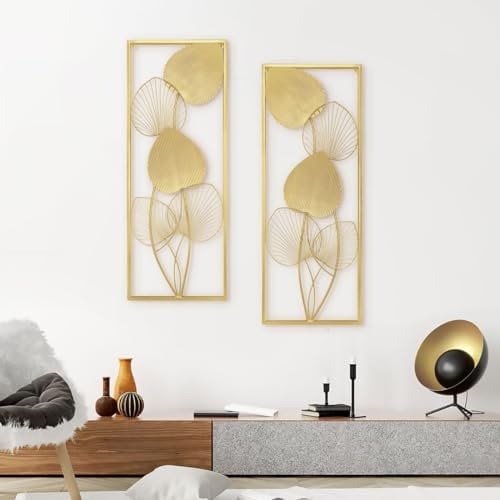 AOTISBAO Home Metal Wall Decors Set of 2 Golden Metal Art Wall Sculptures Ruffled Fan Palm Leaf Wall Hanging Decors with Frame for Living Room Bedroom Study Room Home Office (32 X 12)