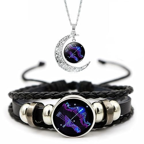 Zodiac Signs Spirit Bracelet, 12 Constellation Weave Leather Bracelet and Moon Pendant Necklace, Glow in the Dark Zodiac Bracelet for Men Women Girls Jewelry Gifts Set ( Color : 9-Sagittarius )