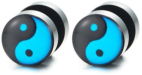Schwarz und Blau Yin-Yang Herren Ohrringe Ohrstecker Fakeplugs Fake Plug Tunnel Ohr-Piercing, Schraube Wieder, 1 Paar