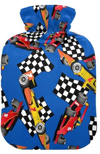 Blue Racing Cars Wärmflasche mit Bezug Wärmflaschen zur Schmerzlinderung, Wärmflasche, Wasserbeutel, Heizflaschen für Damen, 1L