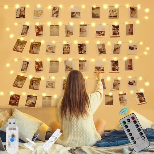 LURICO Guirlande Lumineuse Photo,12M120LED 8 Modes Guirlande Photo avec Télécommande, Lumière LED d'intérieur avec 52 Clips&10 Clous pour Chambre Photo Suspendre des Photos,Décoration de Chambre