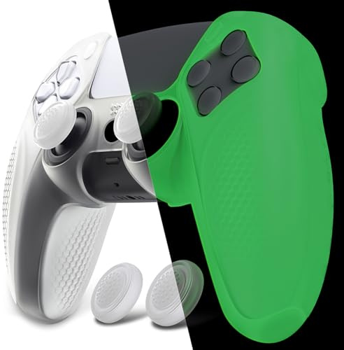 PlayVital Cover Controller per ps5, Edizione Ninja-Illuminare al Buio Verde | Custodia Protettiva in Silicone, Grip Ergonomico Antiscivolo, 2 Copri Levette Analogiche, Adatto per Base di Ricarica