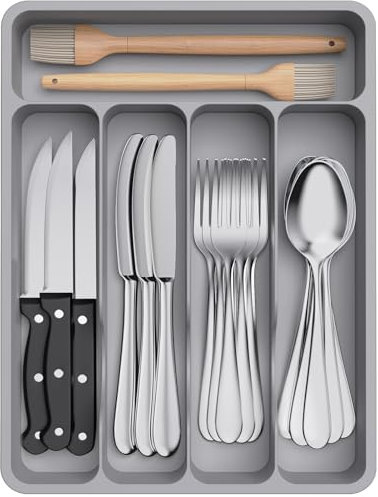 Lifewit Range Couverts pour Tiroir, Organisateur Couverts Tiroir Cuisine Rangement Ustensiles Bac de Rangement Couvert pour Cuillères Fourchettes Couteaux Vaisselle, 5 Compartiments, Gris