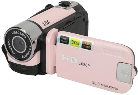 Videocamera, Videocamera 1080P 16MP 16X Zoom HD Schermo Ruotabile da 2,4 Pollici, Videoregistratore Portatile con Luce di Riempimento e Foro Filettato da 1/4 di Pollice per (rosa