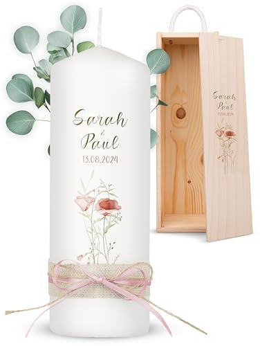 AMARI ® Hochzeitskerze Flower 20/7 cm - Personalisierte Traukerze mit Namen und Datum für Standesamt - Hochzeit