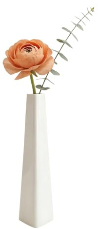 Weiße Keramikvase mit Knospen, hohe konische Blume, einzelner Stiel, dreieckige Vase, Heimdekoration, Blumendekoration für Hochzeit und Büro