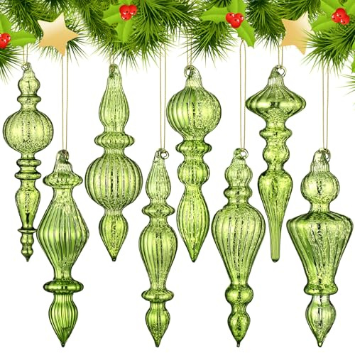 Mifoci 8 Pcs 6 Inch Mercury Glass Finial Christmas Ornaments Hanging Christmas Finials Glass Ornaments Assorted Mercury Decor for Vintage Holiday Xmas Tree Decoration(Fresh Green)