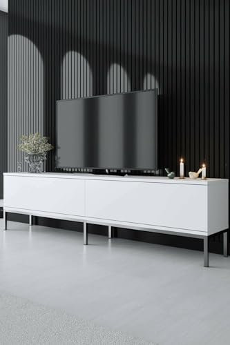 Dmora - Fernsehschrank Regulus, Ständer für Wohnzimmerfernseher, Niedriges Wohnzimmer-Sideboard, TV-Ständerbasis, 180x30h47 cm, Weiß und Silber
