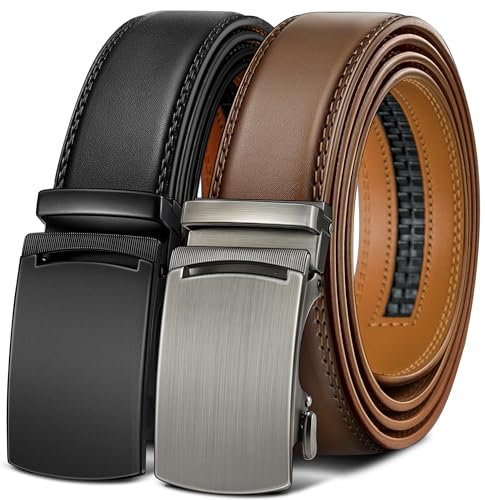 KEMISANT Automatik Gürtel Herren 2 Stücke, Gürtel Ratsche Automatikschließe Ledergürtel für Herren Verstellbar 35mm Breit mit Geschenkbox(Schwarz/Tawny,150cm/44-52 taille verstellbar)