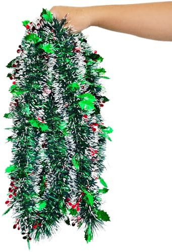 AMLOOPH Green Tinsel Christmas Tinsel Garland, 10m Thick Metallic Green Tinsel With Leaf Red Berry For Stairs, Home Xmas Tree Decorations